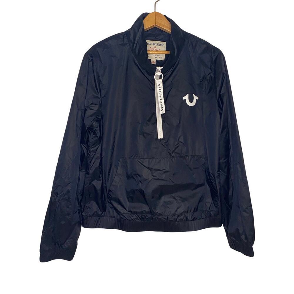 True Religion Womens Black Windbreaker Pull Over‎ 1/4 Zip Jacket Size Large